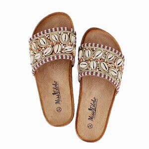 Slide Sandals with Shell and Stone Embellishments